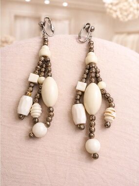 Vintage Dangle Chandelier White Gold Tone Beads Clip on Earrings Statement